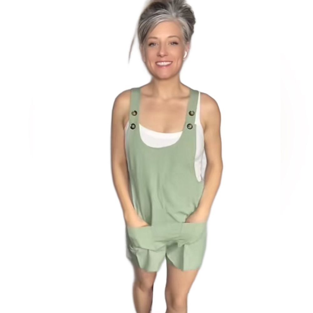 Sage Green Lightweight Overall Romper w/Pockets and Adjustable Button Straps (S)
